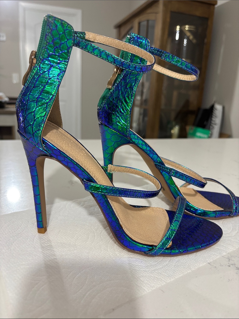 Iridescent Green-Blue Stiletto Sandals - Women's High Heel Dress Shoes